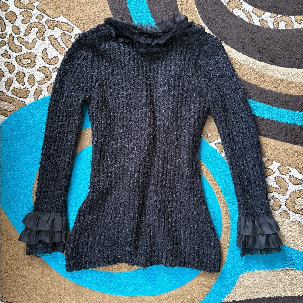 SALONI Black Ruffles & Lace Longline Cardigan - Picture 2 of 8